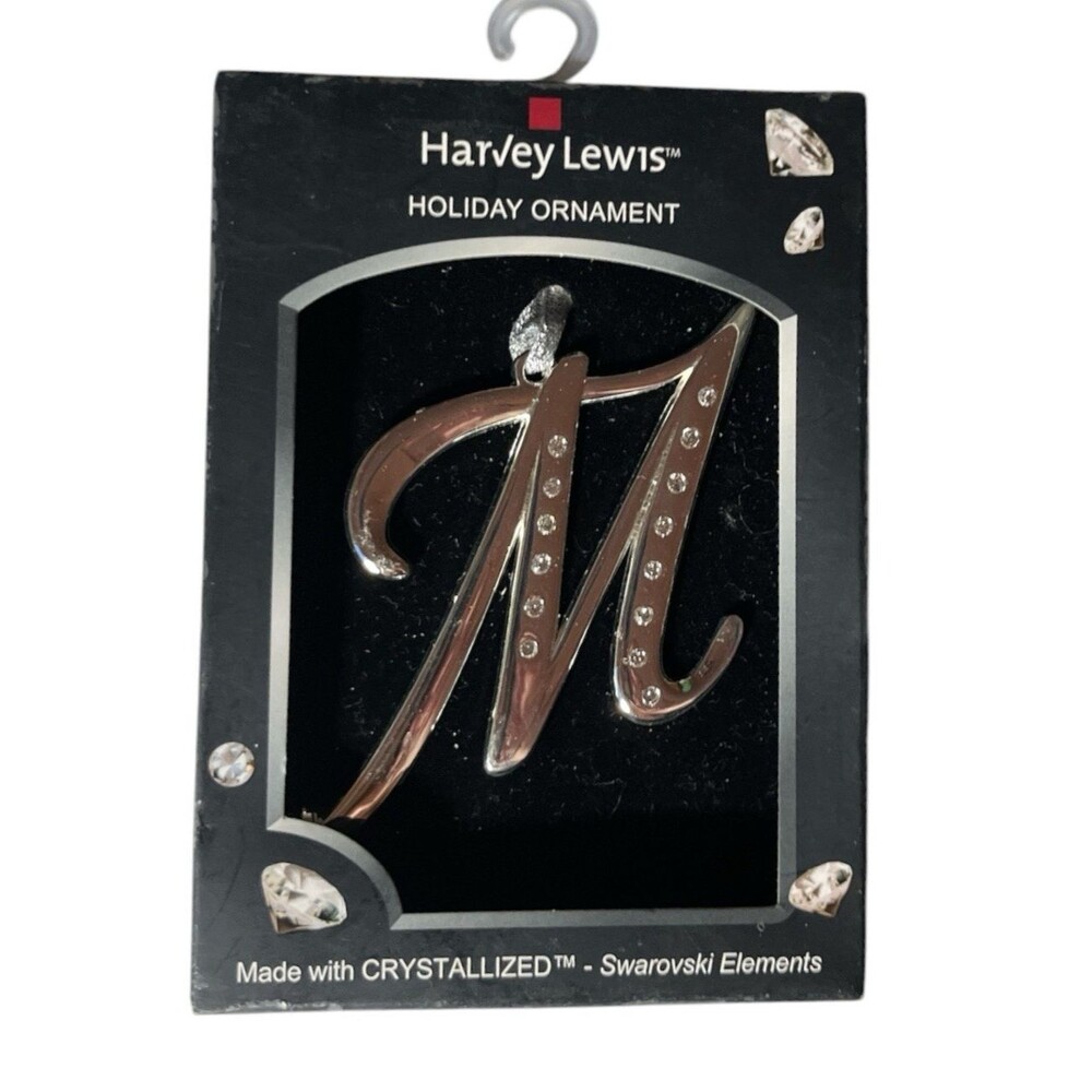 Harvey Lewis Christmas Letter M Ornament Silver Metal Swarovski Elements 3.5"